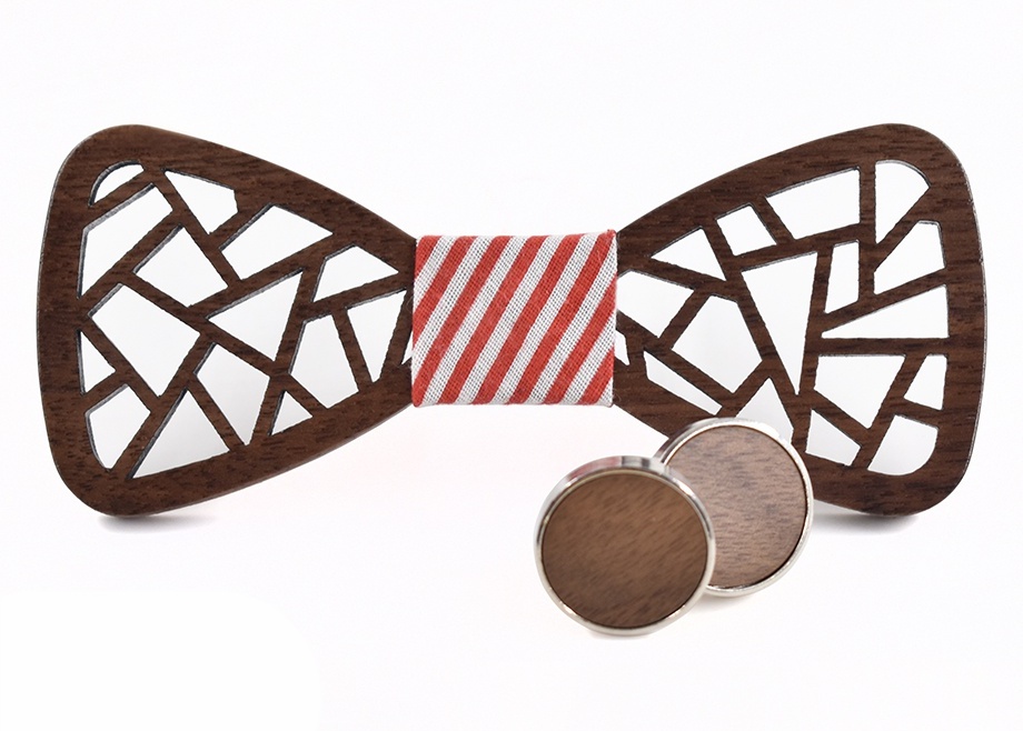 Dřevěný pánský motýlek Geometric Pruhy + manžetové knoflíčky