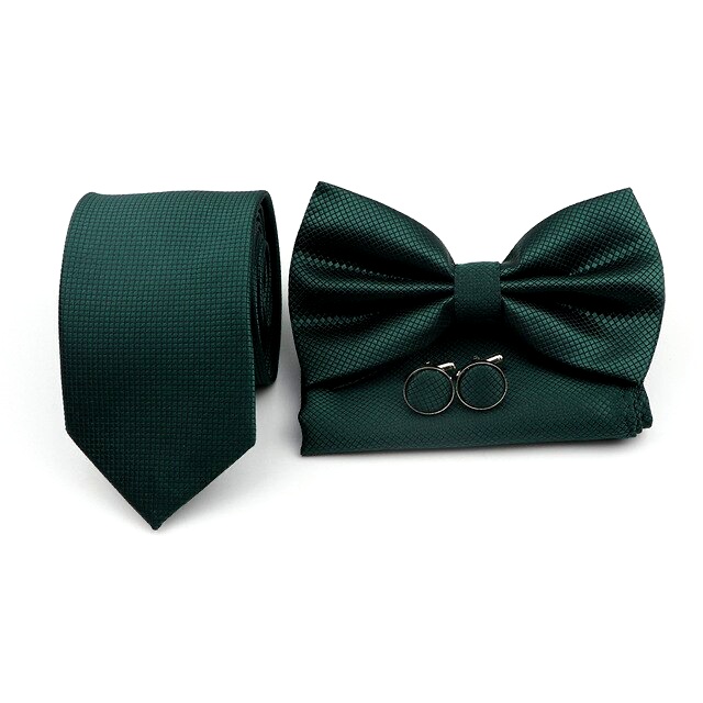Tmavě zelený set kravata, motýlek, kapesník a manžetové knoflíčky Plaid