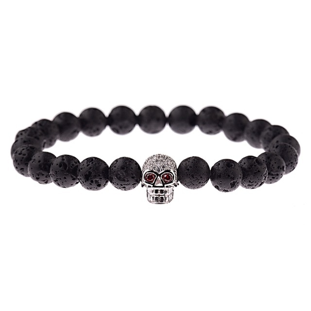 Černý lávový náramek stříbrná Lebka crystal