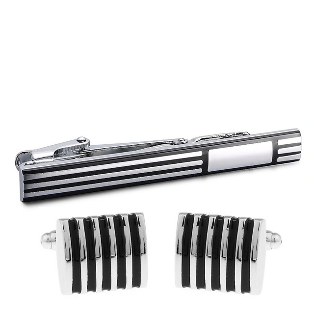 Černo - stříbrný set - spona na kravatu a manžetové knoflíčky Stripes