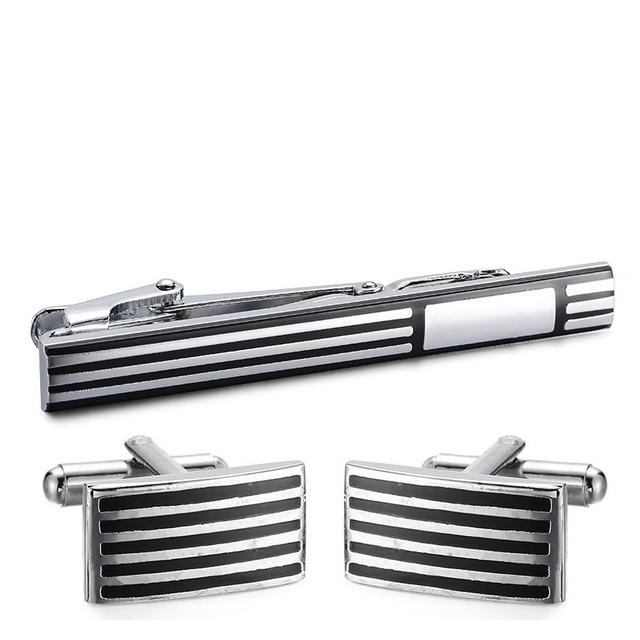 Černo - stříbrný set - spona na kravatu a manžetové knoflíčky Stripes I.