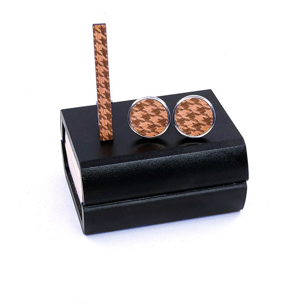 Dřevěný set - spona na kravatu a manžetové knoflíčky Houndstooth