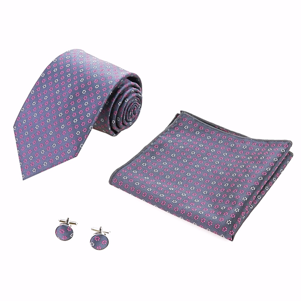 Šedý set kravata, kapesník a manžetové knoflíčky Flowee