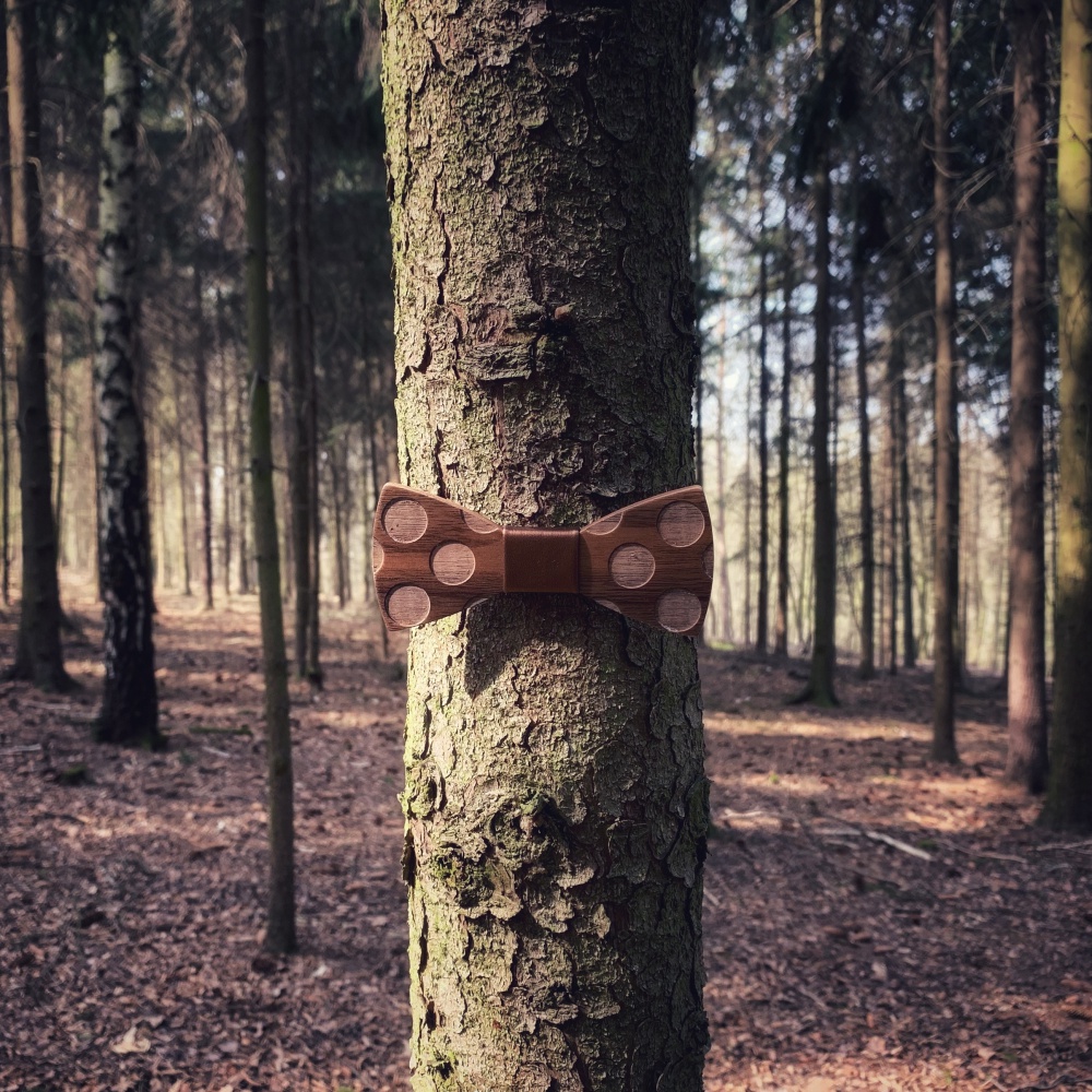 Dřevěný pánský motýlek Puntík Leather bronz 