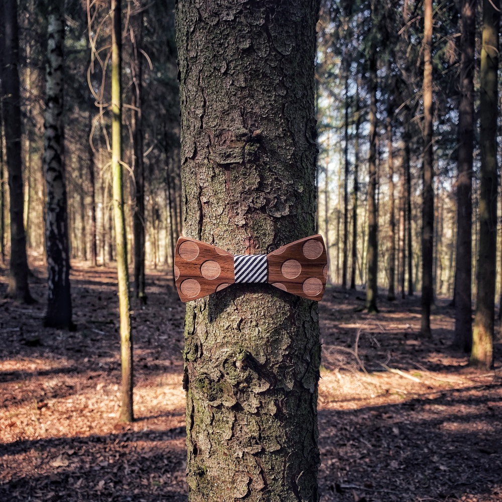 Dřevěný pánský motýlek Puntík Pruhy černo - bílé