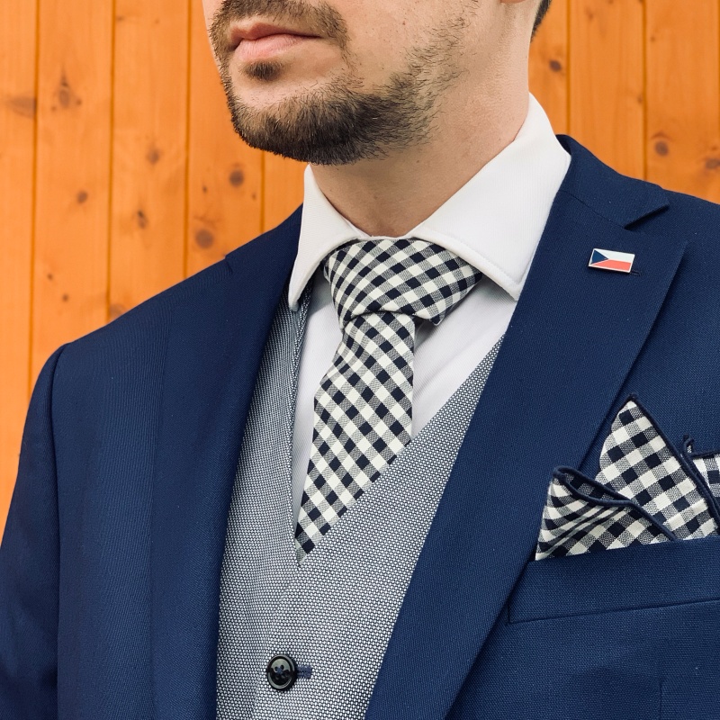 Modro - bílý set kravata, motýlek a kapesník Kostky