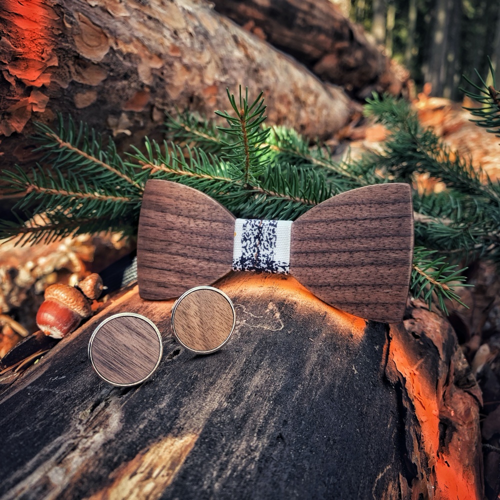 Dřevěný pánský set - motýlek Classic Spray + manžetové knoflíčky 