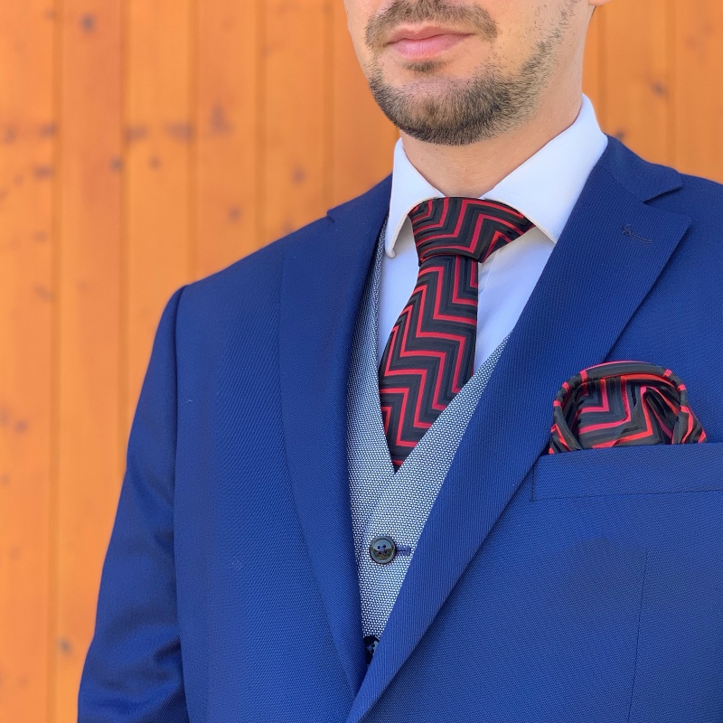Červeno - černý set kravata, kapesník a manžetové knoflíčky Cik Cak 