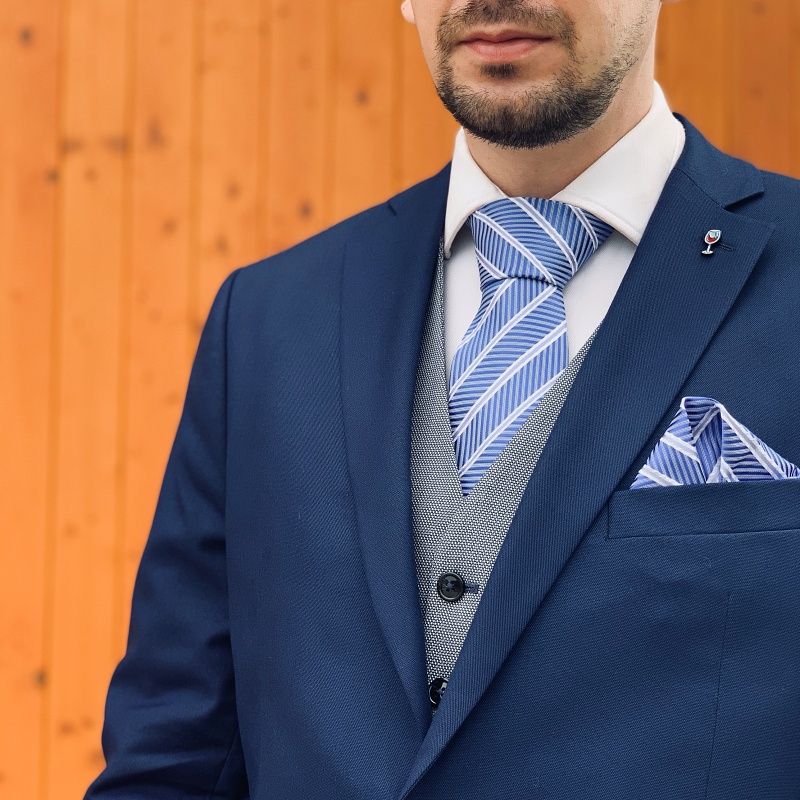 Modro - bílý set kravata, kapesník a manžetové knoflíčky Line