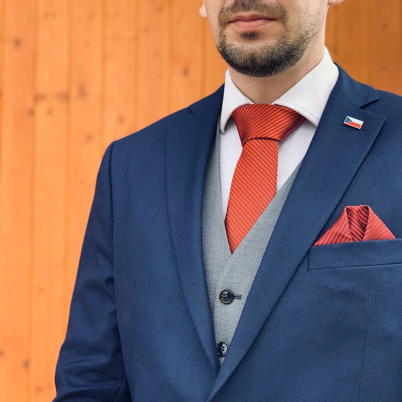 Červeno - černý set kravata, kapesník a manžetové knoflíčky Stripe