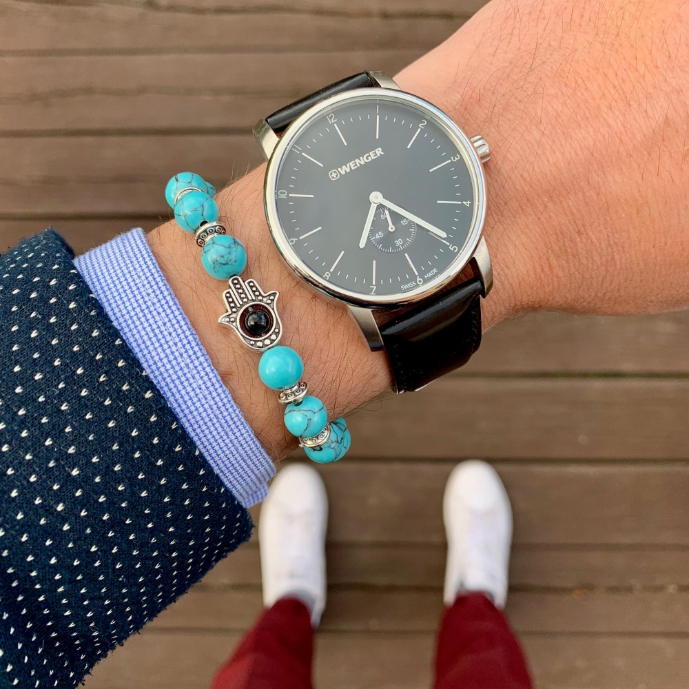 Modro - stříbrný náramek Fatimina ruka 