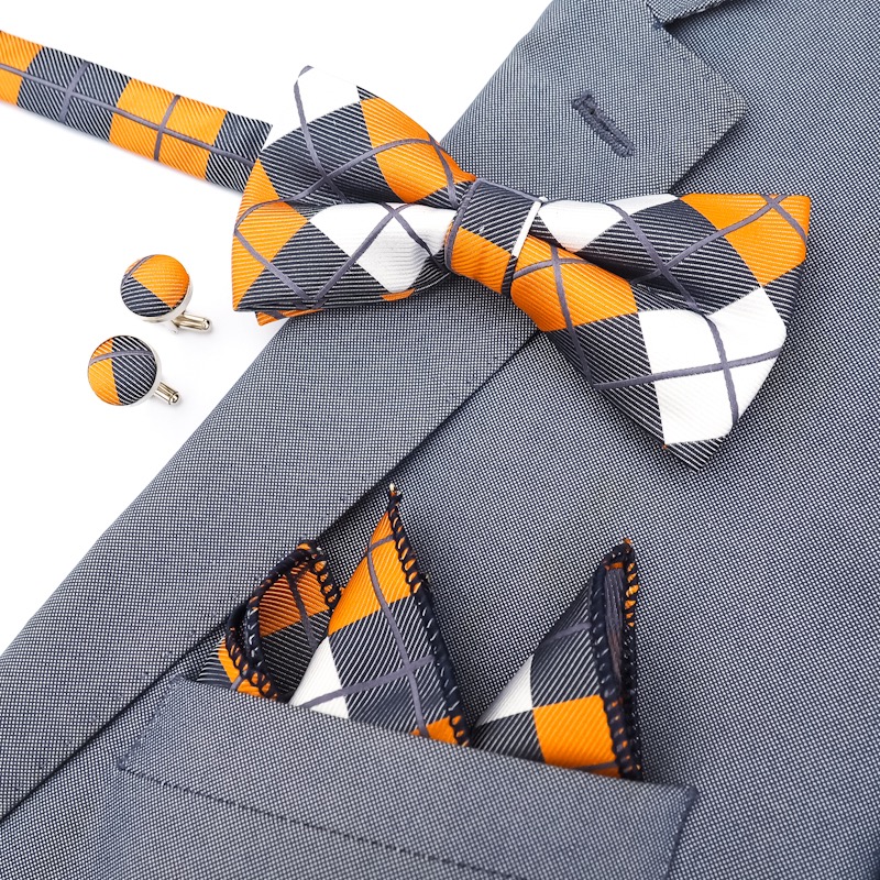 Oranžovo - modrý set - motýlek + kapesník + manžetové knoflíčky Kostky 