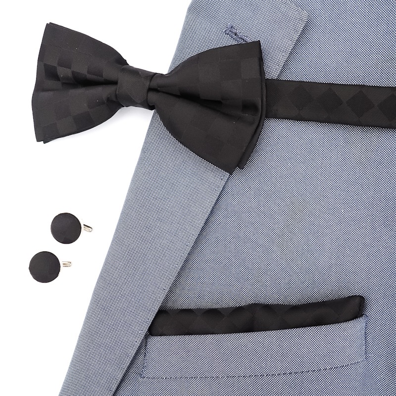 Černý set - motýlek + kapesník + manžetové knoflíčky Šachovnice 