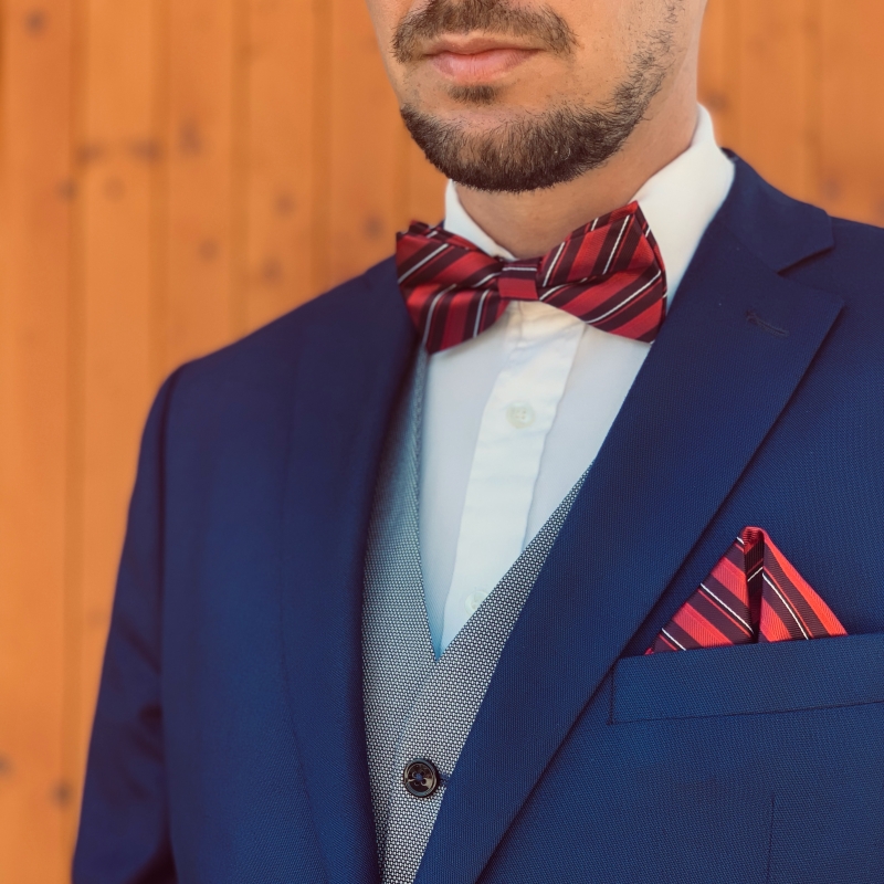 Červený set - motýlek + kapesník + manžetové knoflíčky Pruhy 