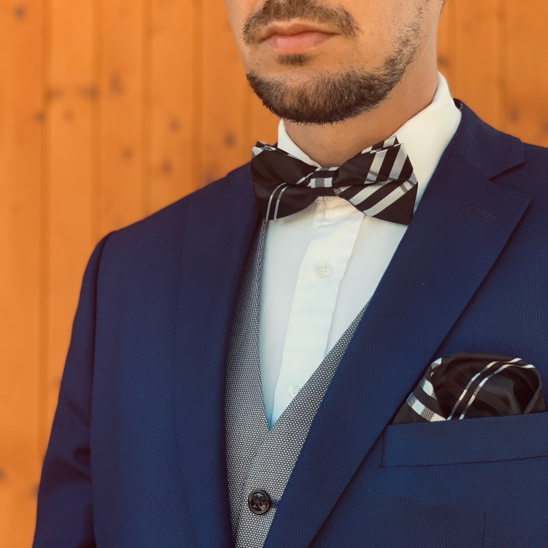Černo - stříbrný set - motýlek + kapesník + manžetové knoflíčky Lines