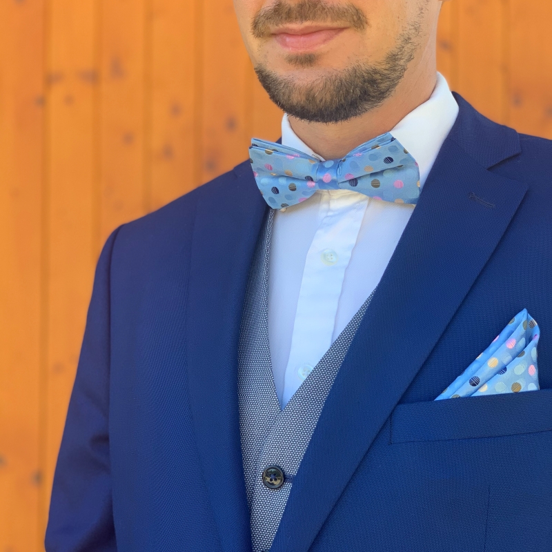 Modrý set - motýlek + kapesník + manžetové knoflíčky Dot