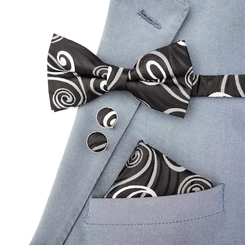 Černo - stříbrný set - motýlek + kapesník + manžetové knoflíčky Vintage 