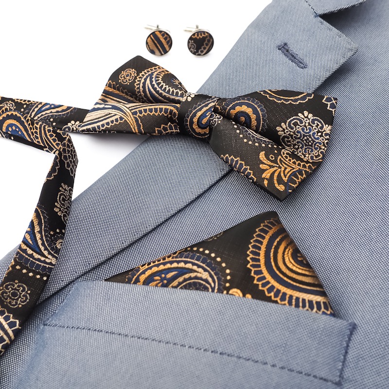 Černo - zlatý set - motýlek + kapesník + manžetové knoflíčky Vintage 