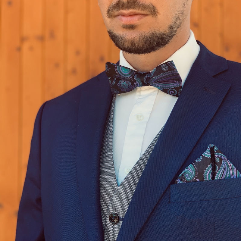 Černo - fialový set - motýlek + kapesník + manžetové knoflíčky Vintage 