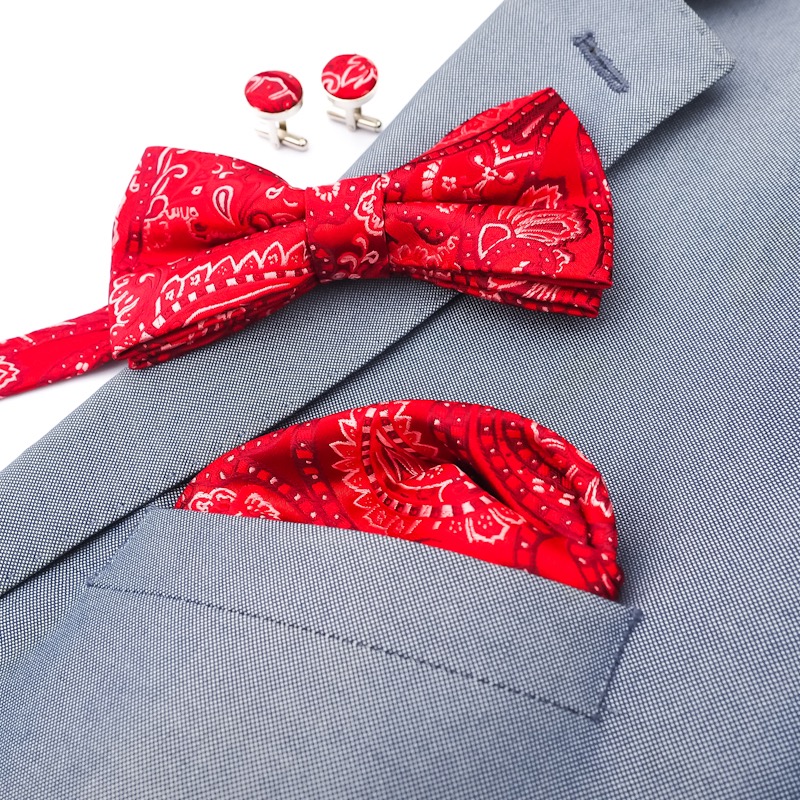 Červený set - motýlek + kapesník + manžetové knoflíčky Vintage 