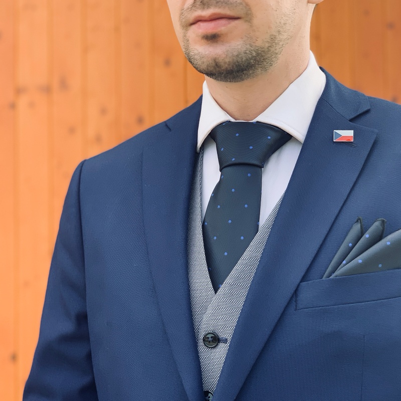 Modrý set kravata, kapesník a manžetové knoflíčky Dot 