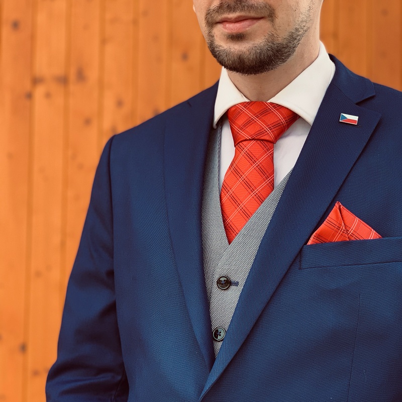 Červeno - černý set kravata, kapesník a manžetové knoflíčky Check 