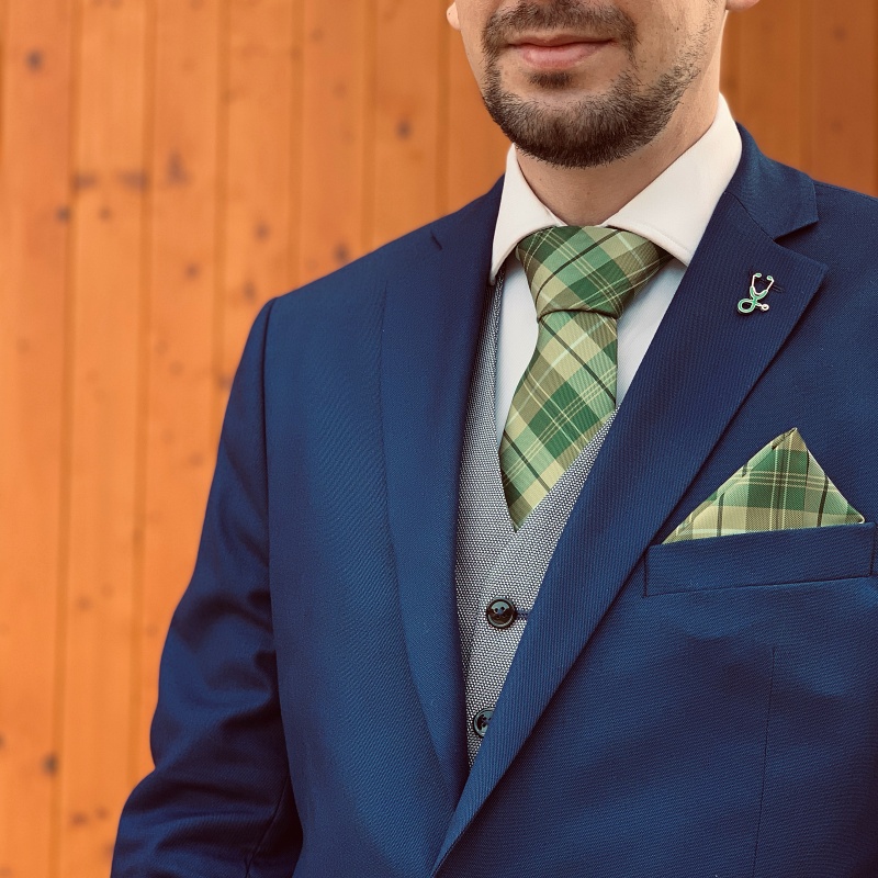 Zelený set kravata, kapesník a manžetové knoflíčky Check 