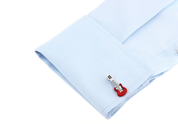 Stříbrný set - spona na kravatu a manžetové knoflíčky Houslový klíč a červená kytara  