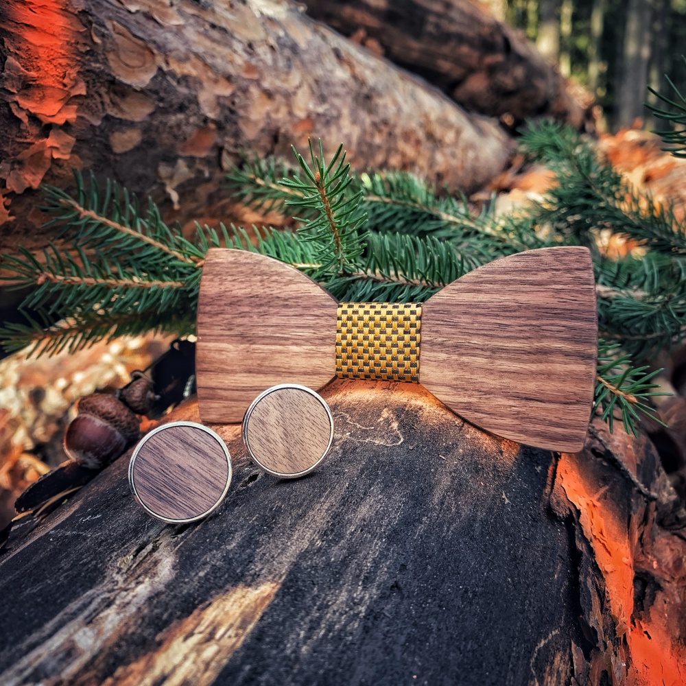 Dřevěný pánský set - motýlek Classic Gold + manžetové knoflíčky 