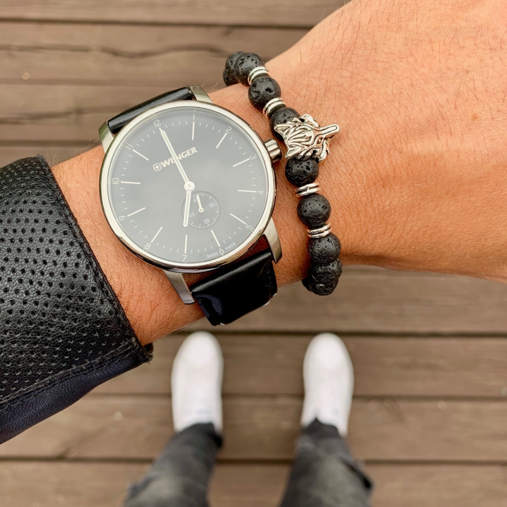 Černý náramek stříbrný Vlk - láva