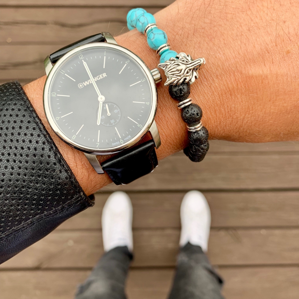 Černo - tyrkysový náramek stříbrný Vlk - láva 