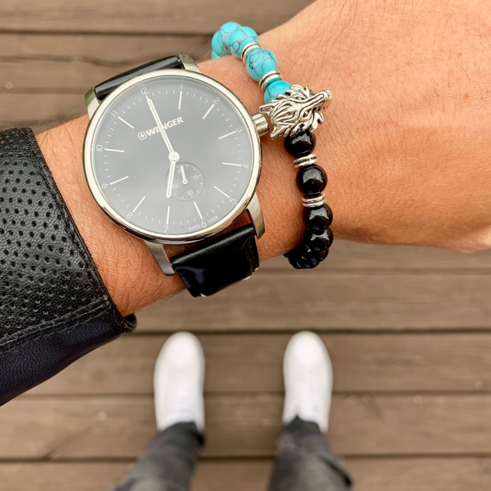 Černo - tyrkysový náramek stříbrný Vlk 