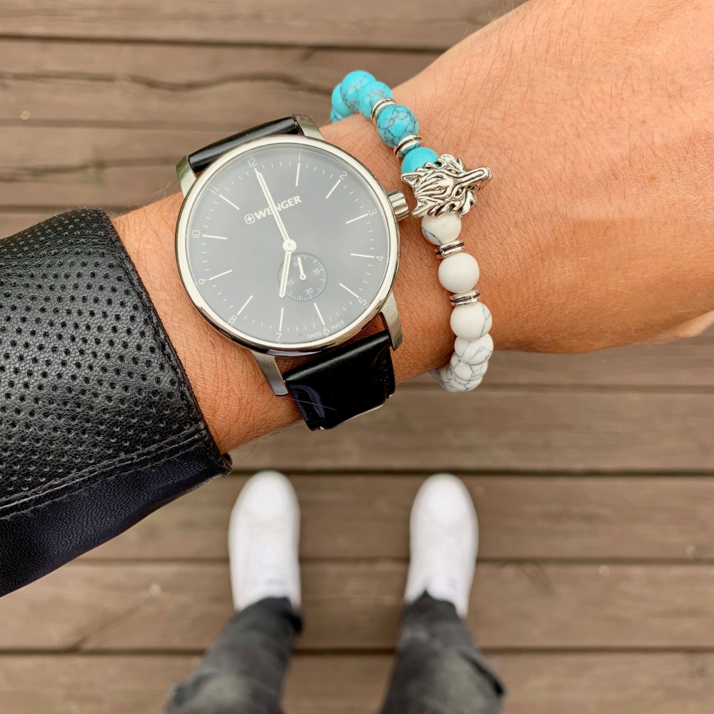 Bílo - tyrkysový náramek stříbrný Vlk 