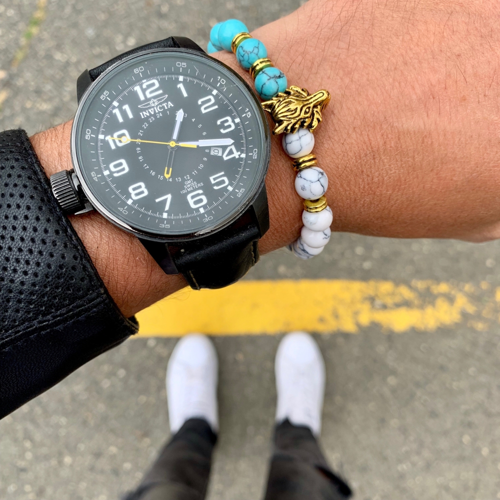 Bílo - tyrkysový náramek zlatý Vlk 