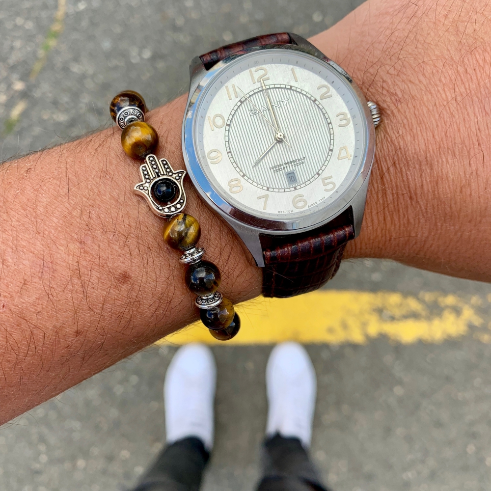 Hnědý náramek stříbrná Fatimina ruka