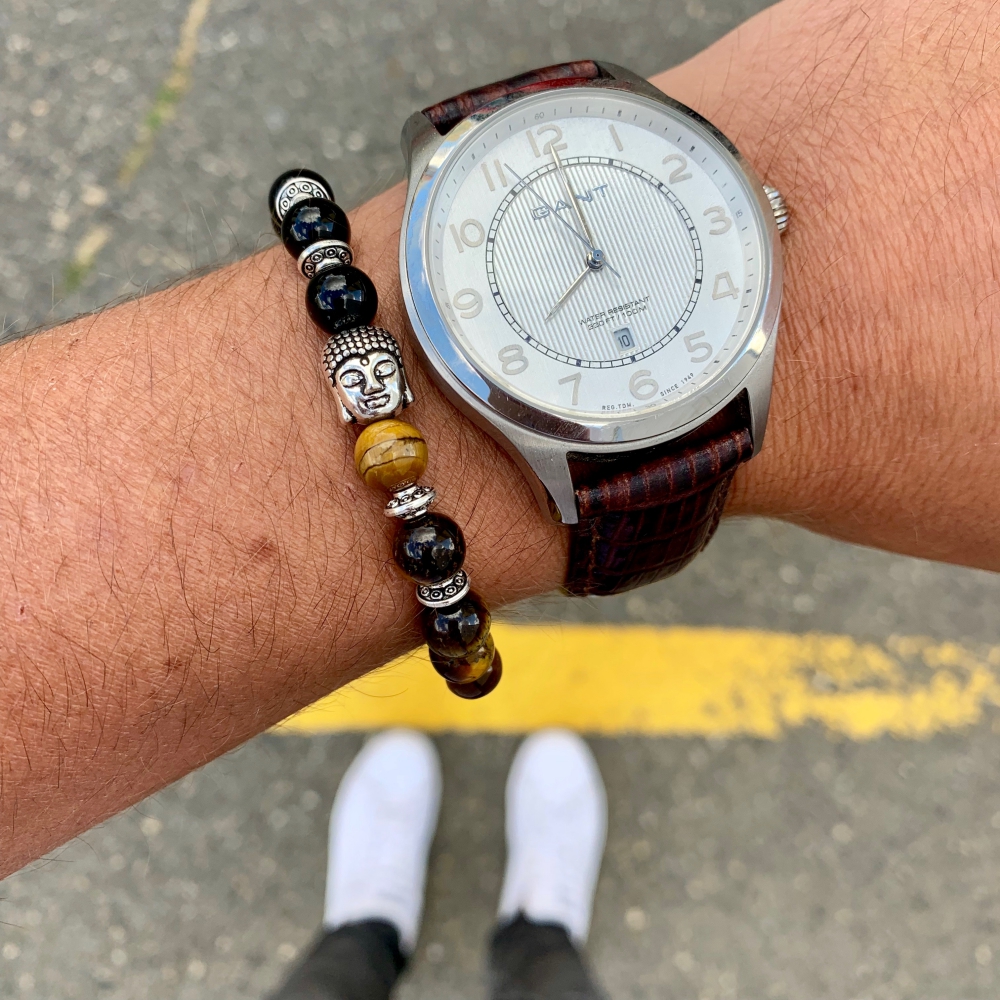 Hnědo - černý náramek stříbrný Buddha 