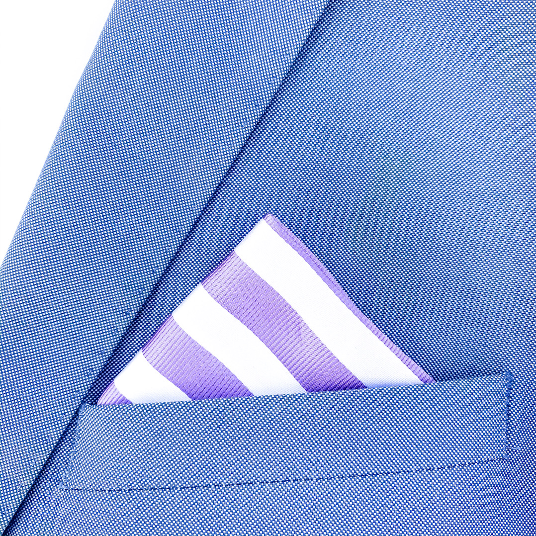 Fialovo - bílý set kravata, kapesník a manžetové knoflíčky Stripe 