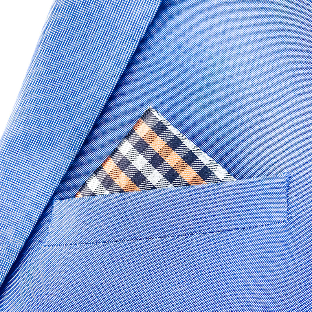 Oranžovo - hnědo - černý set kravata, kapesník a manžetové knoflíčky Kostičky 