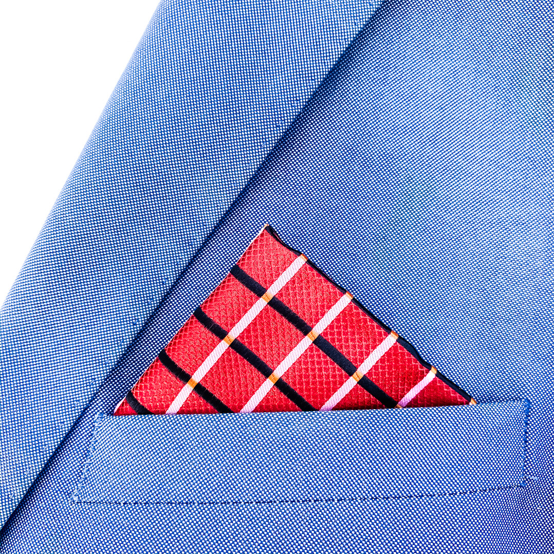 Červený set kravata, kapesník a manžetové knoflíčky Mřížka