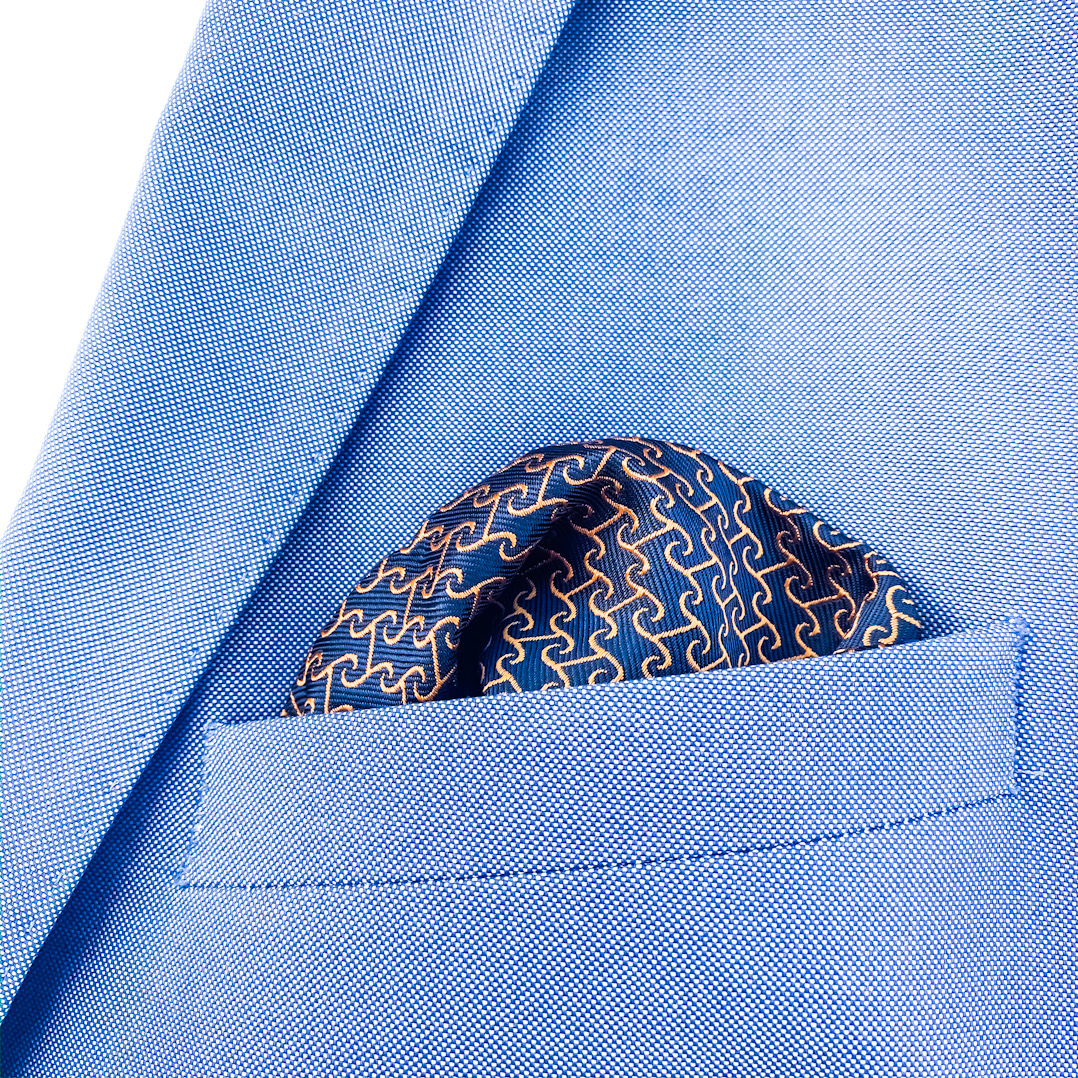 Modro - oranžový set kravata, kapesník a manžetové knoflíčky Waves