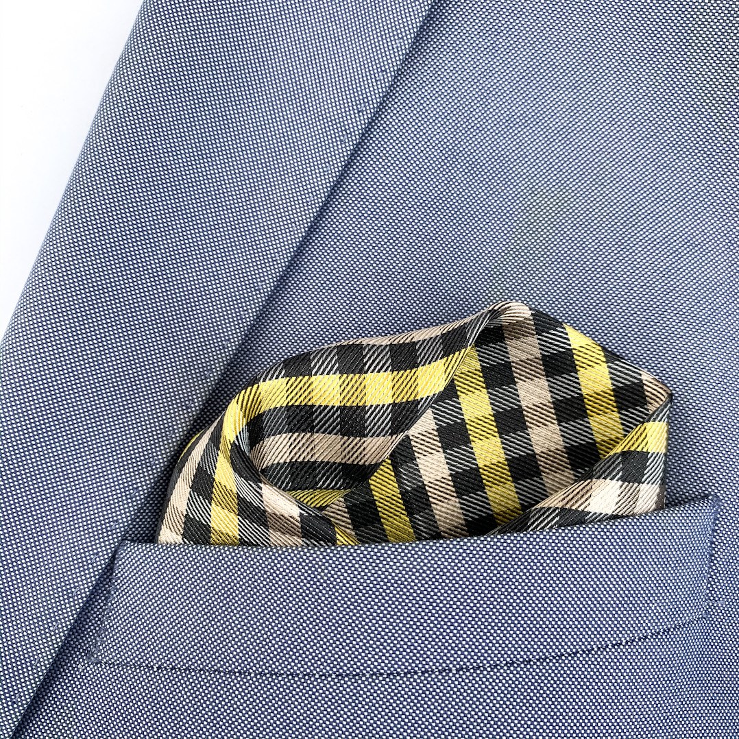 Žluto - béžovo - černý set kravata, kapesník a manžetové knoflíčky Kostičky 