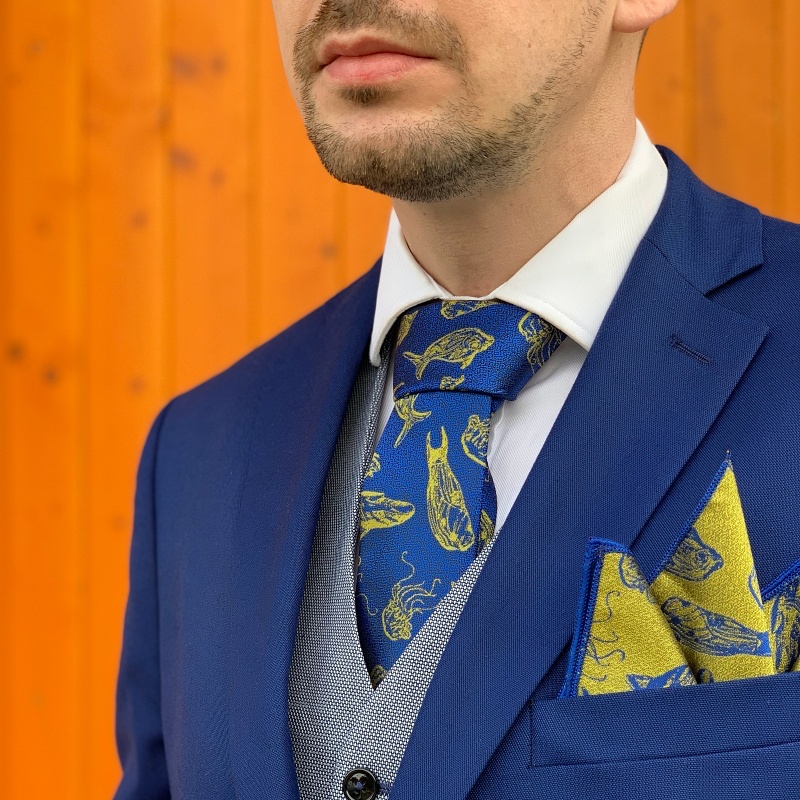 Modro - zlatý set kravata, motýlek a kapesník Mořské ryby 