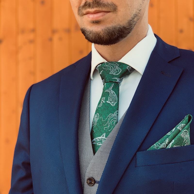 Zelený set kravata, motýlek a kapesník Mořské ryby
