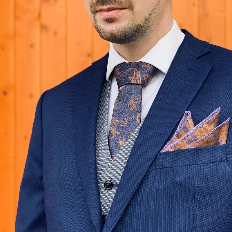 Fialovo - oranžový set kravata, motýlek a kapesník Mořské ryby 