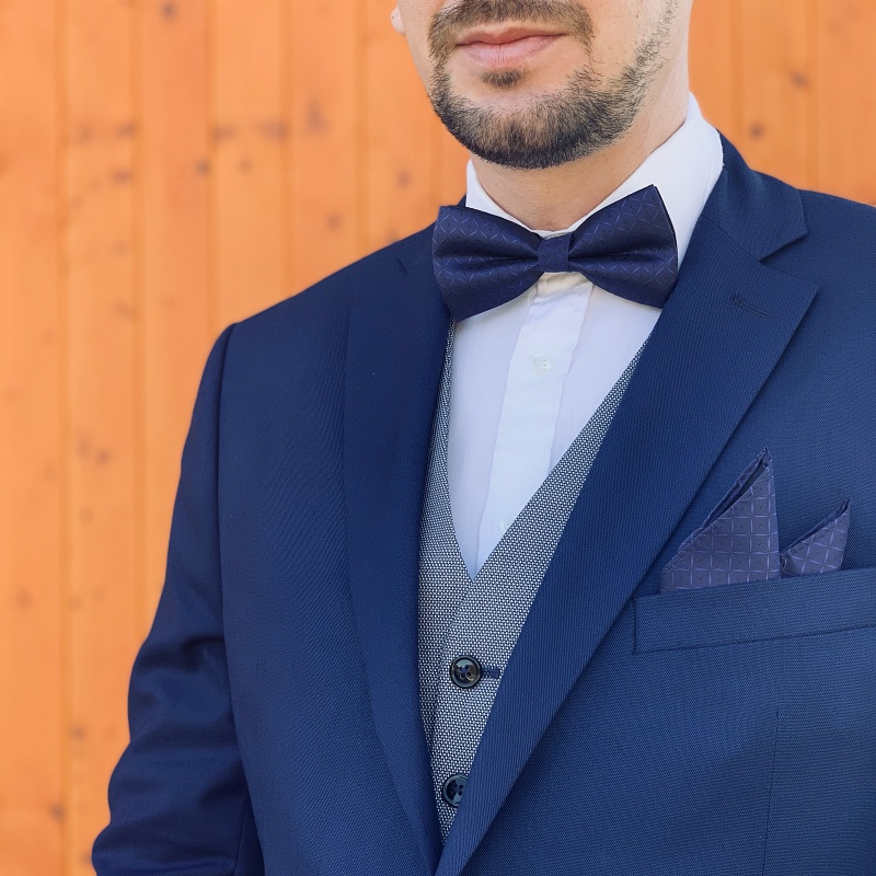 Modrý set - motýlek + kapesník + manžetové knoflíčky Hvězdy 