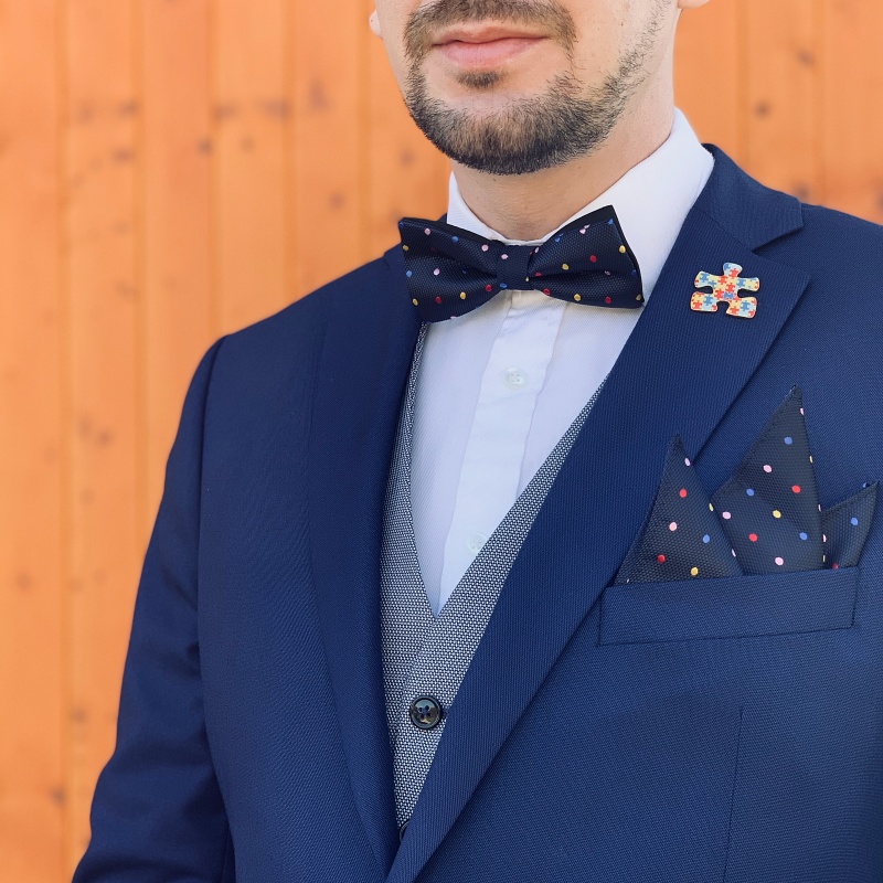 Modrý set - motýlek + kapesník + manžetové knoflíčky Puntík 