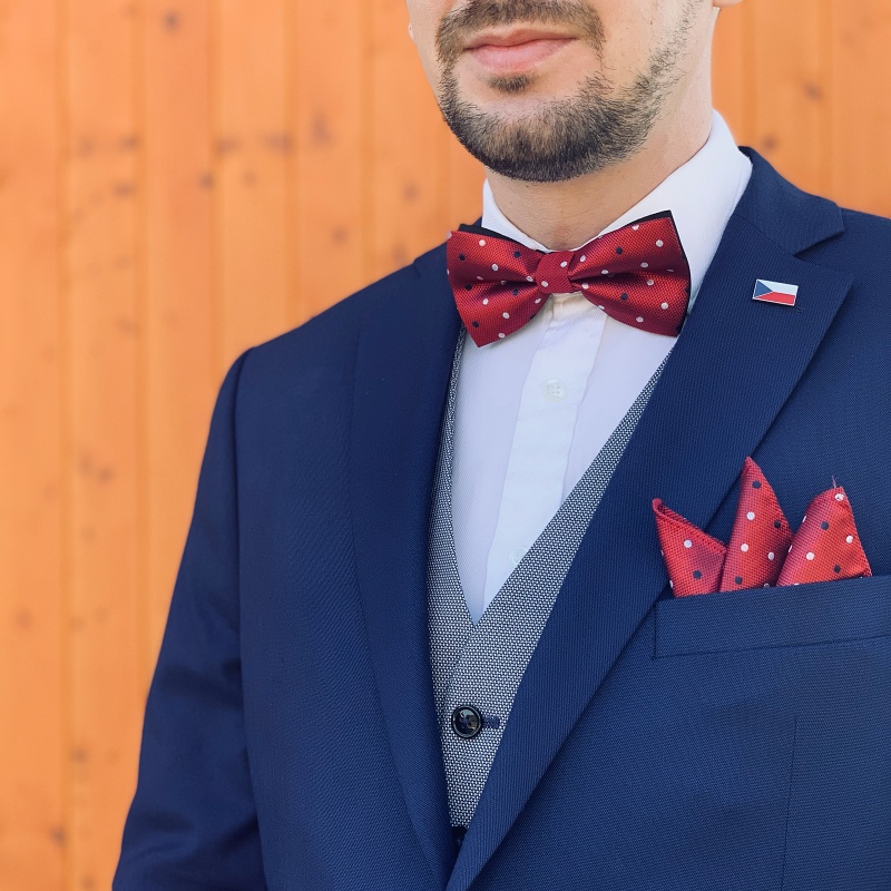 Červený set - motýlek + kapesník + manžetové knoflíčky Puntík 