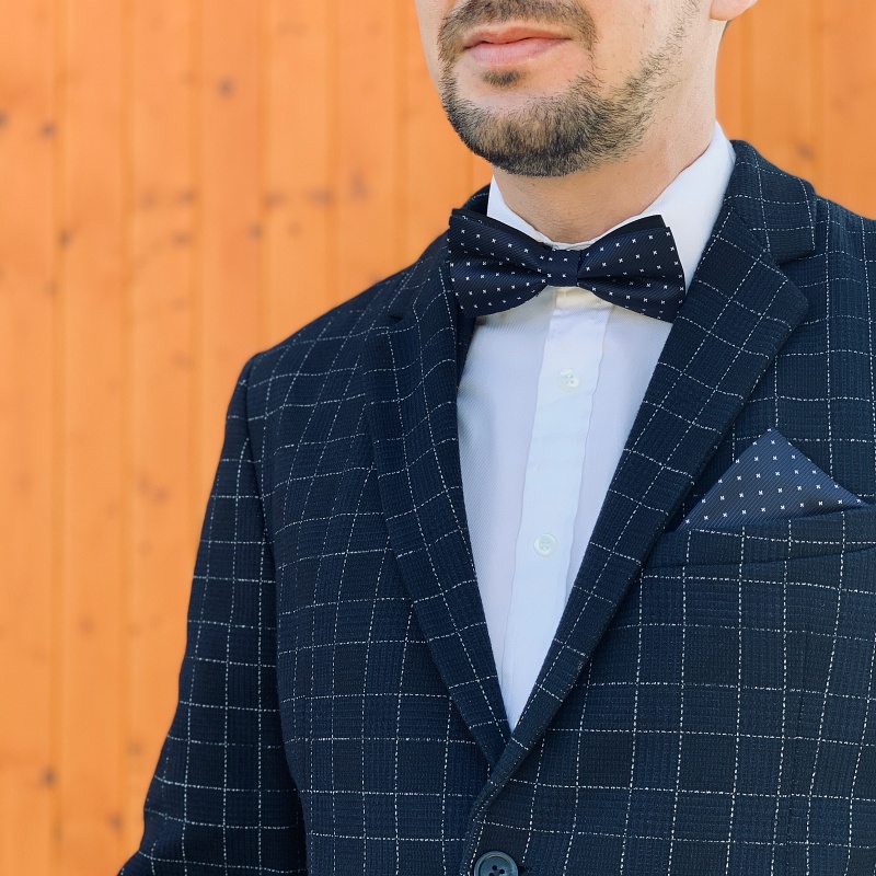 Modrý set - motýlek + kapesník + manžetové knoflíčky Hvězdičky 