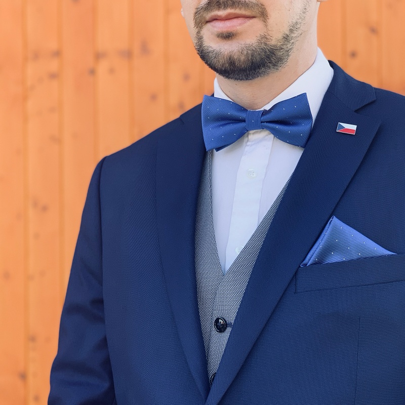 Modrý set - motýlek + kapesník + manžetové knoflíčky Tečky 