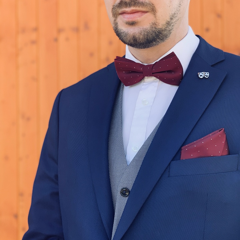 Vínový set - motýlek + kapesník + manžetové knoflíčky Tečky 